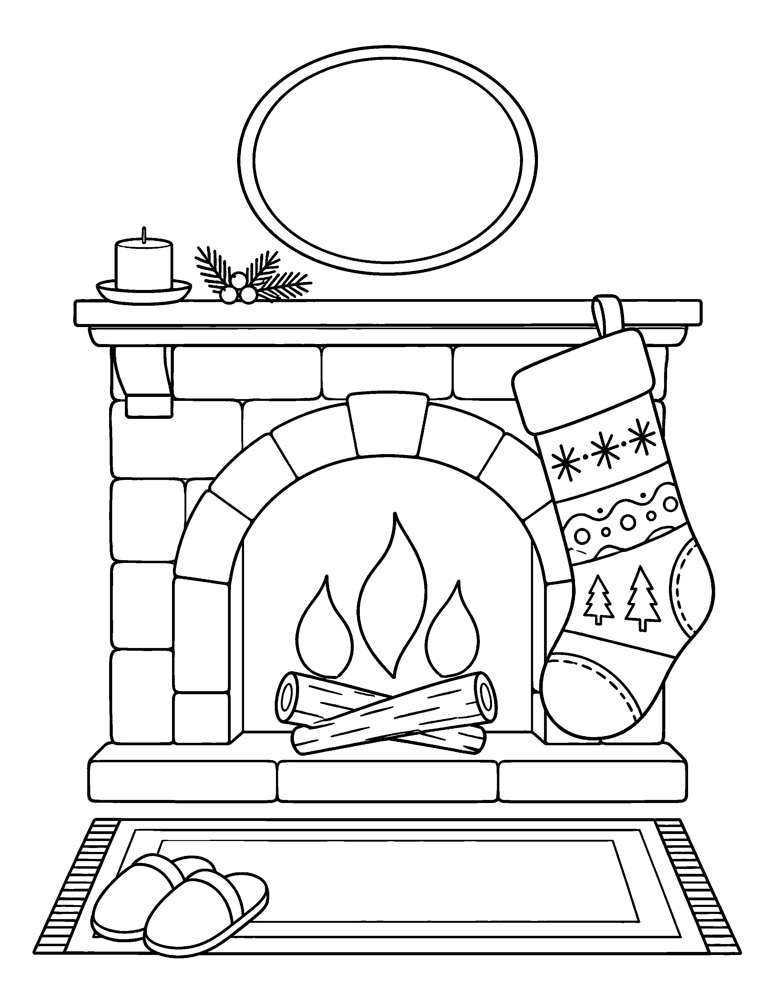 This black-and-white coloring page shows a brick fireplace with a patterned stocking, candle, greenery, logs, rug, and slippers.