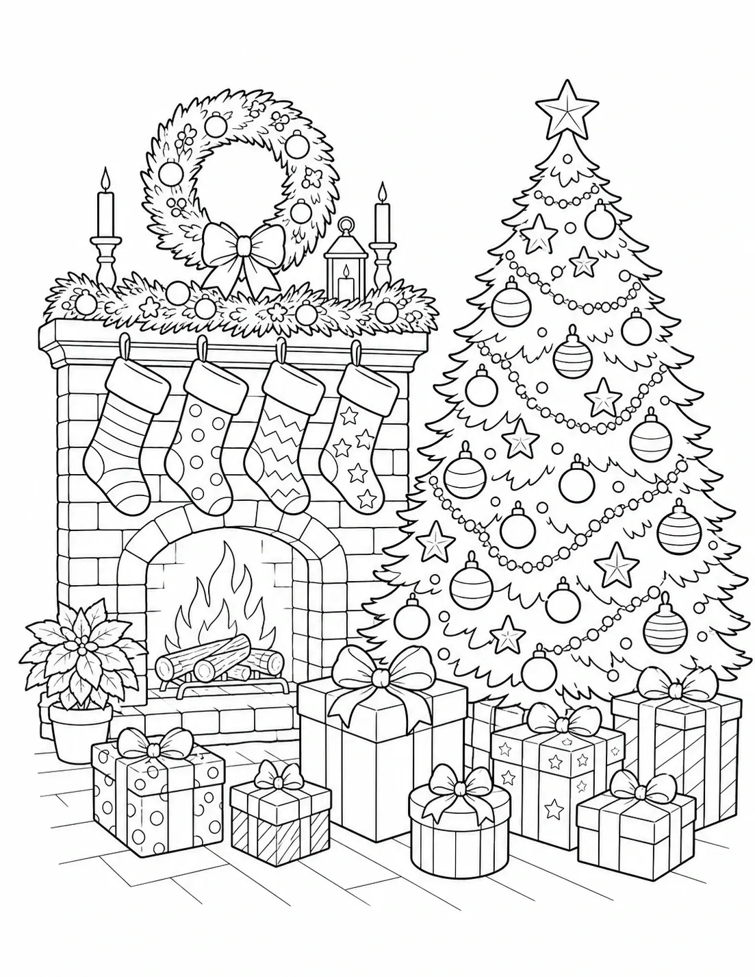 A Christmas coloring page showing a decorated tree, a fireplace with stockings, a wreath, and wrapped gifts.