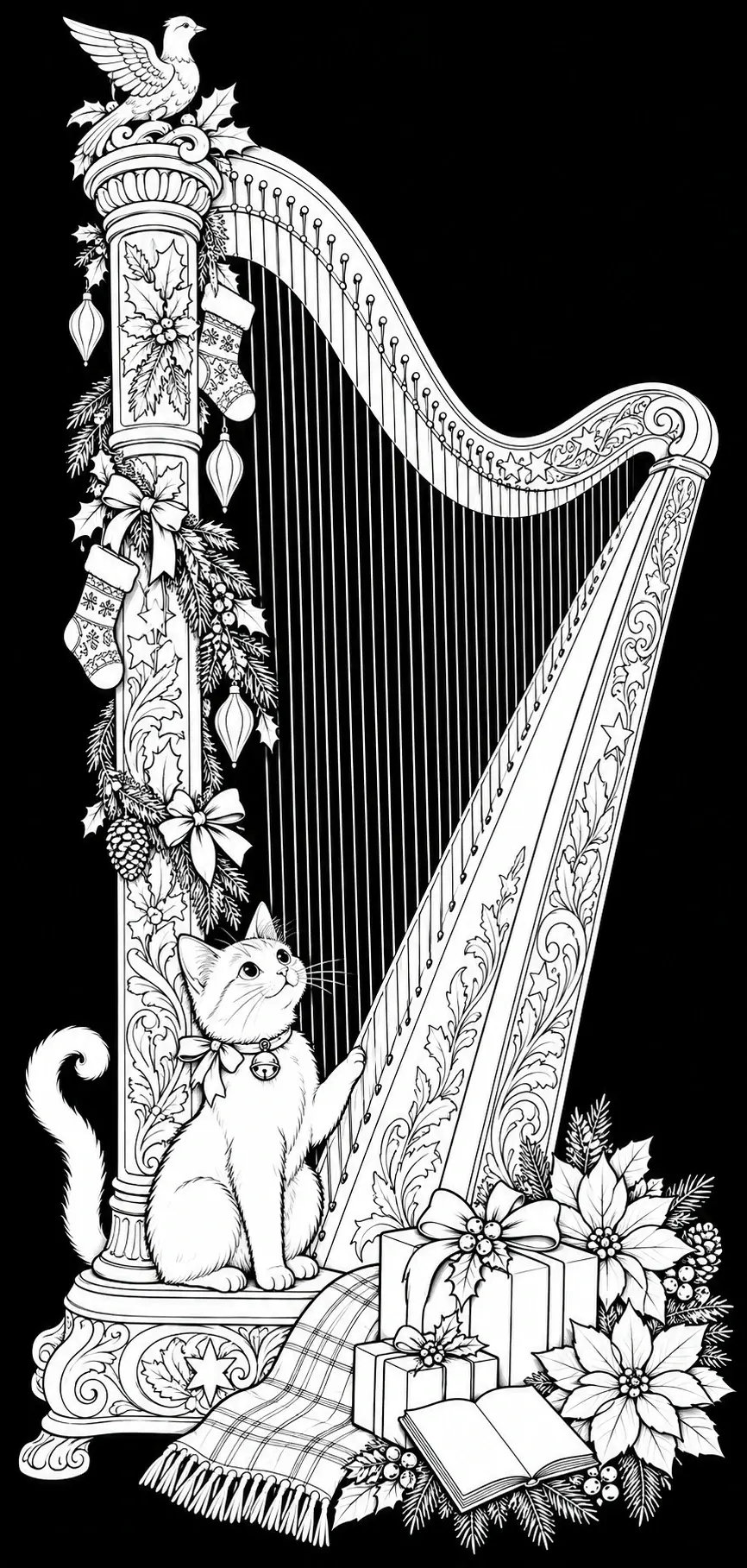 This detailed Christmas coloring page shows a cat beside a decorated harp, surrounded by gifts, poinsettias, ornaments, and a bird.