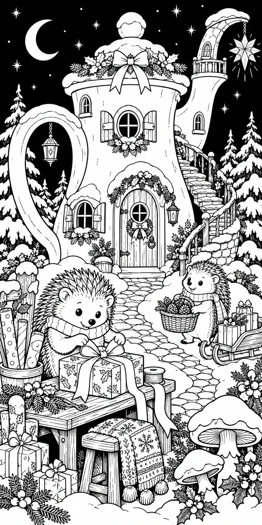 This black-and-white coloring page shows two hedgehogs with presents outside a snow-covered cottage decorated with wreaths and bows.
