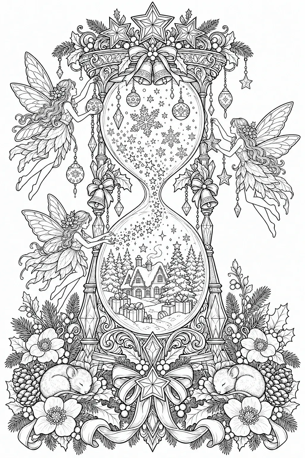 An intricate black-and-white coloring page shows a Christmas hourglass surrounded by fairies, stars, bells, ornaments, and a winter village scene.