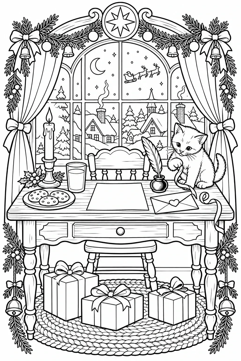 A black-and-white coloring page shows a kitten beside a desk with a blank letter, candles, gifts, and a snowy window scene.