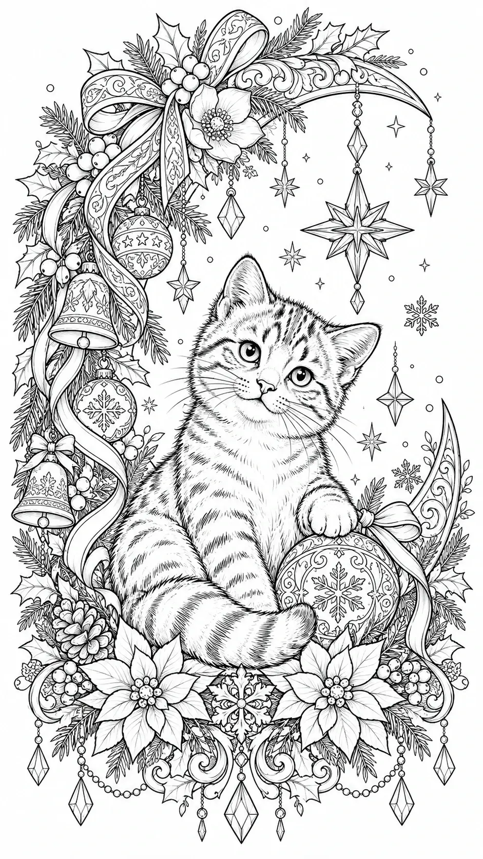 A black-and-white coloring page shows a kitten surrounded by Christmas ornaments, ribbons, stars, and floral decorations.