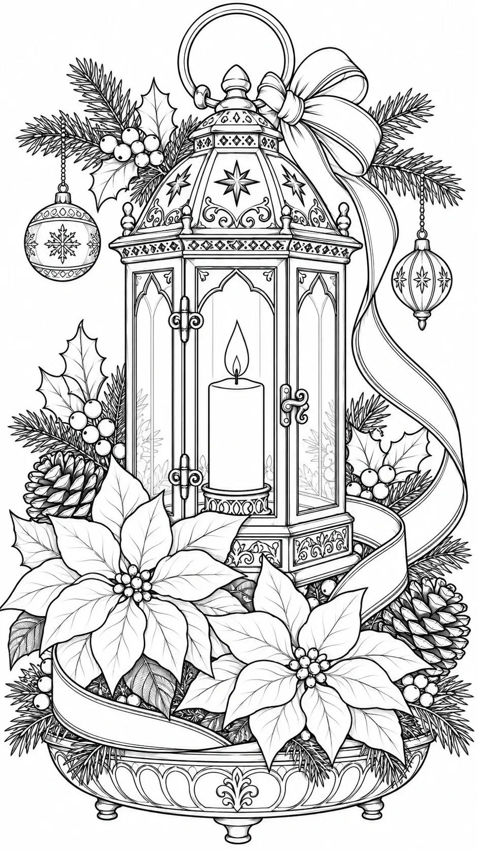 An ornate lantern with a candle and large bow is surrounded by poinsettias, hanging ornaments, evergreen branches, and pinecones in this detailed coloring page.