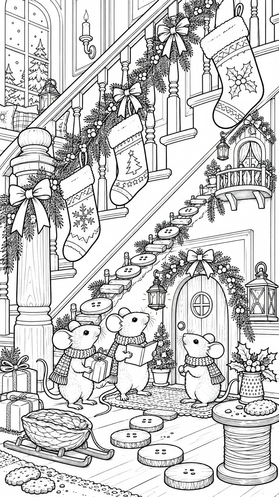 A detailed coloring page shows three scarf-wearing mice carrying gifts beside a wreath-covered doorway, with stockings hanging along a decorated staircase.