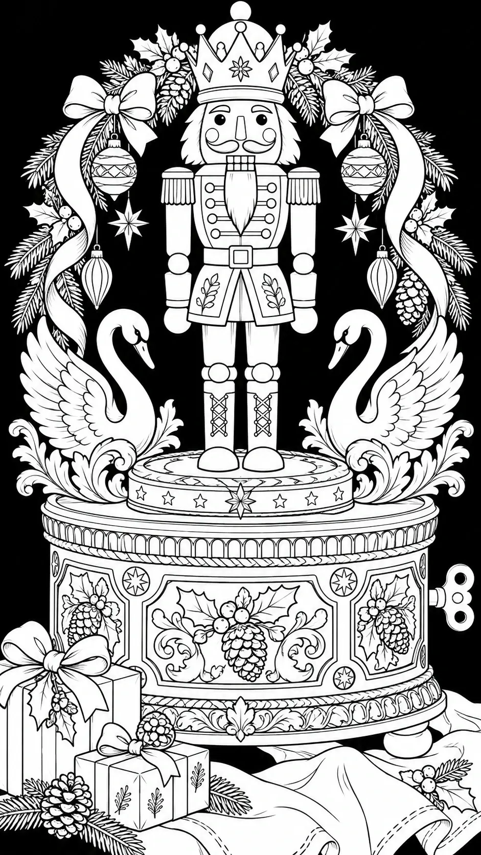 A detailed coloring page shows a crowned nutcracker soldier on an ornate pedestal, flanked by two swans and surrounded by ornaments, holly, and wrapped gifts.