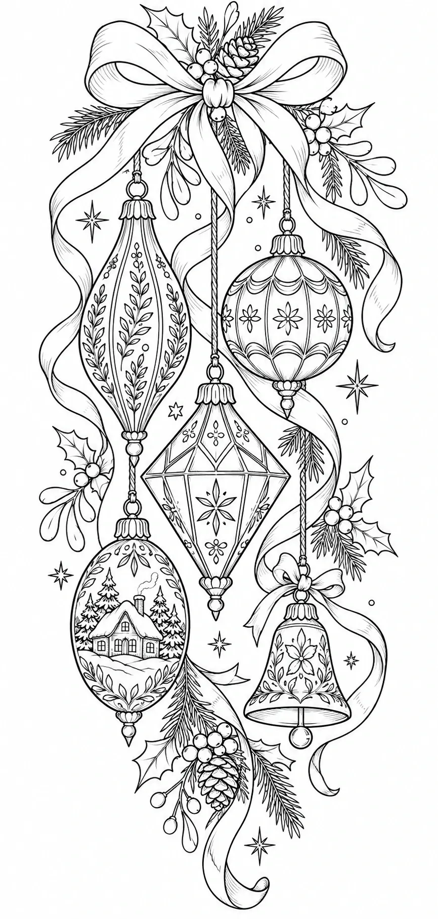 A coloring page shows several patterned Christmas ornaments hanging among flowing ribbons, holly, evergreen sprigs, stars, and pinecones, with a snowy cottage inside one ornament.