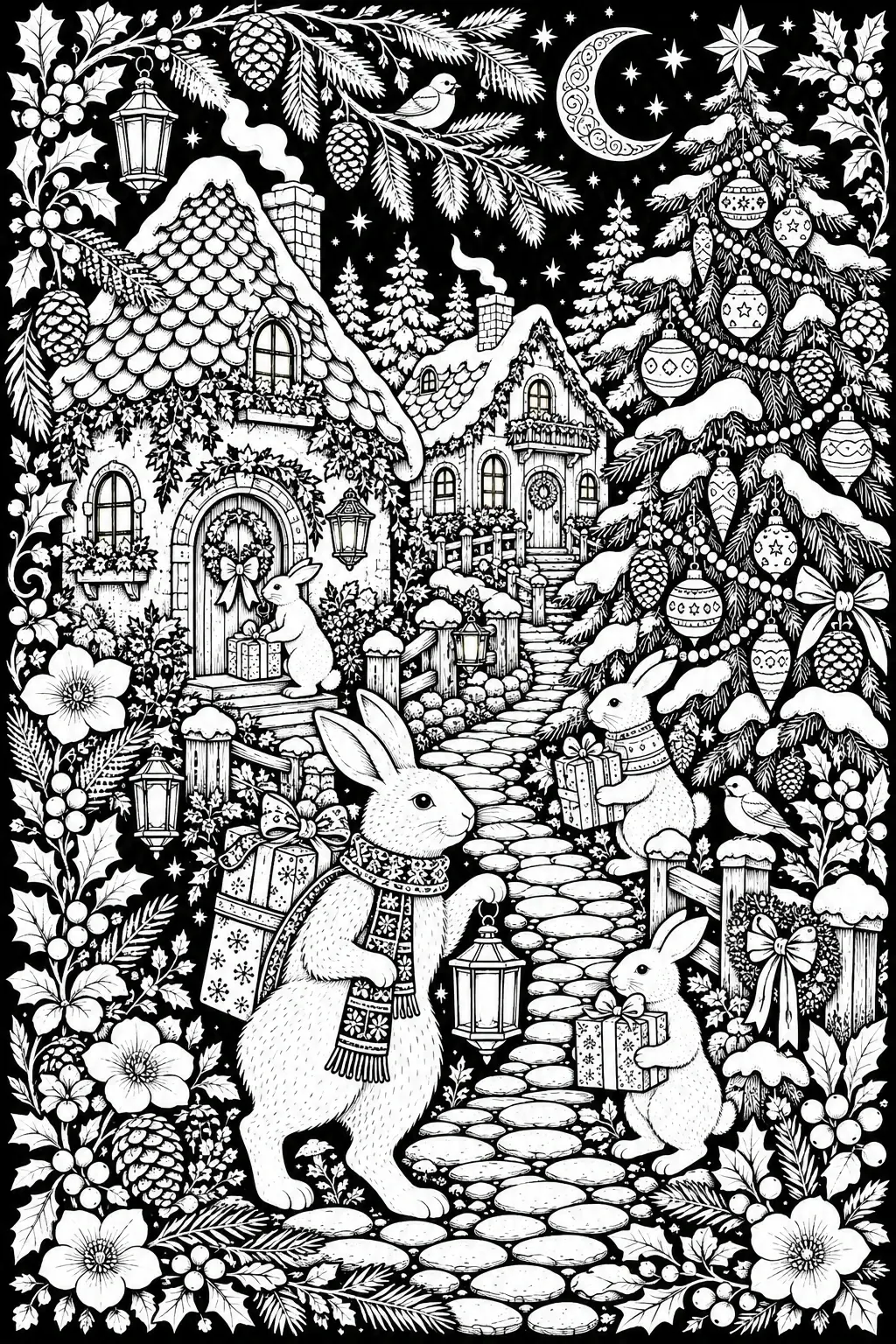 A black-and-white coloring page showing Christmas rabbits in a snowy village with decorated trees, lanterns, and gift boxes.