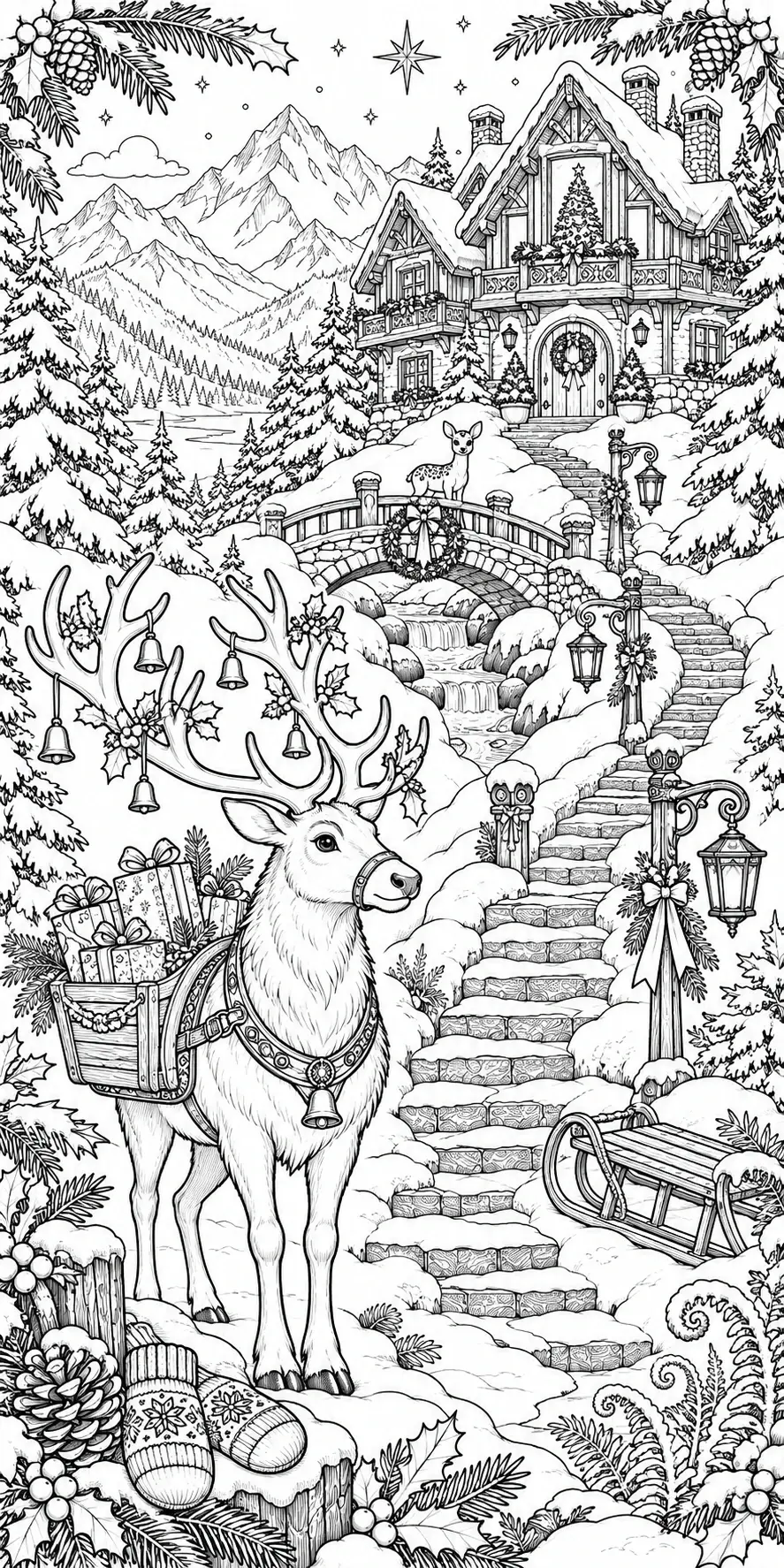 A detailed black-and-white coloring page shows a reindeer with a gift cart before a snowy cottage, mountain forest, stone steps, and Christmas decorations.
