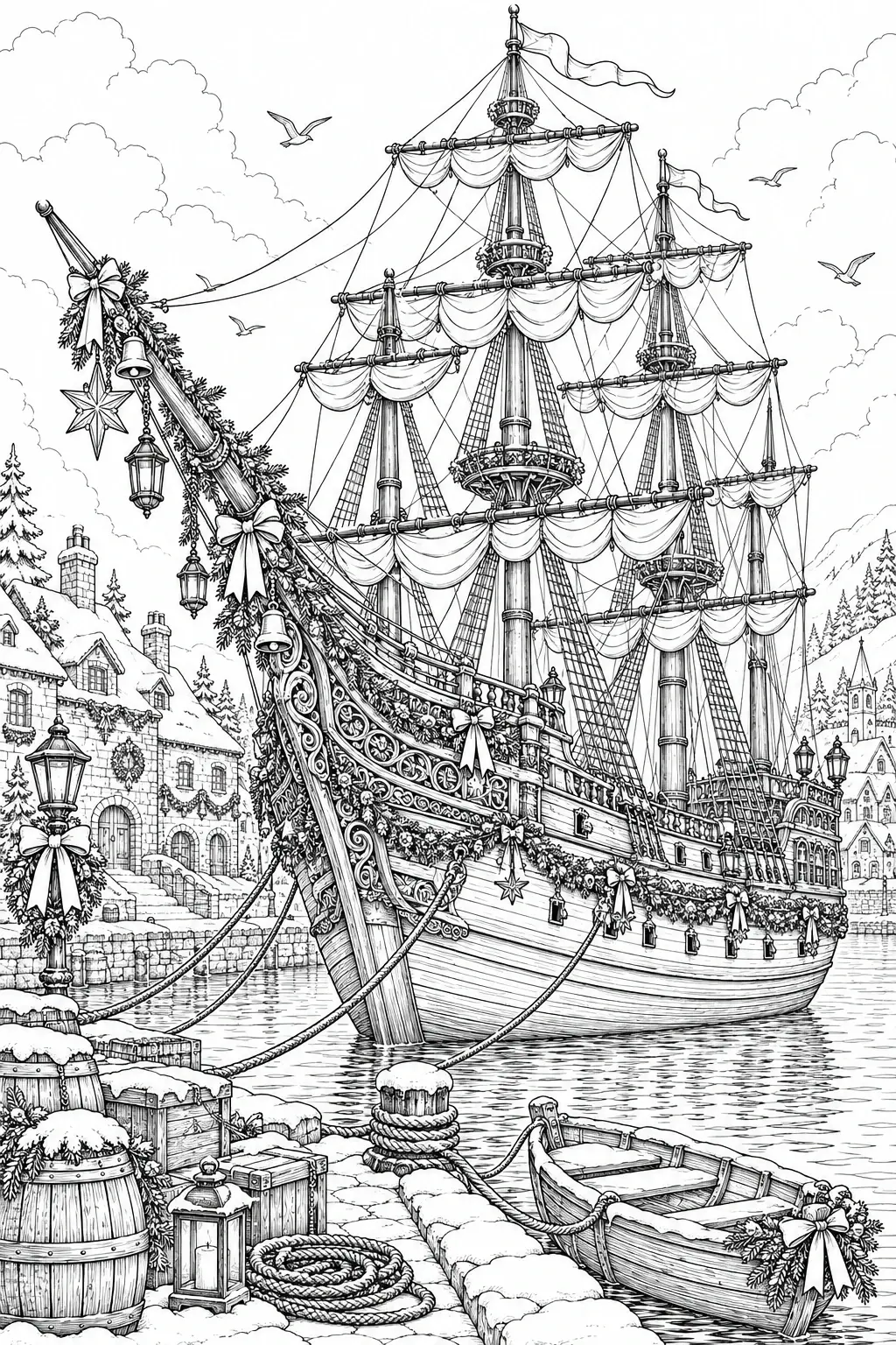 A black-and-white Christmas coloring page shows an ornate sailing ship in a snowy harbor with decorated buildings and lanterns.