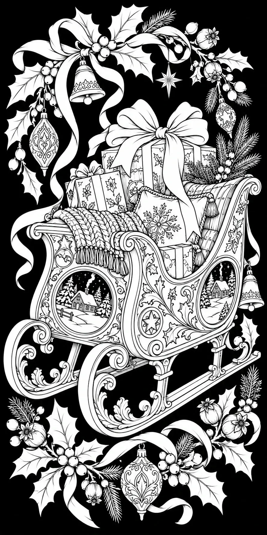 An ornate Christmas sleigh carrying wrapped gifts is surrounded by holly, ornaments, bells, and snowy cottage scenes in this coloring page.