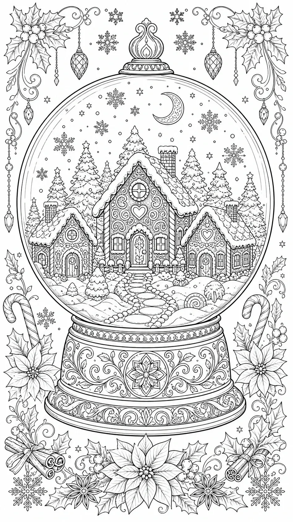 A Christmas coloring page shows a detailed snow globe with a snowy village, pine trees, and holly around the border.