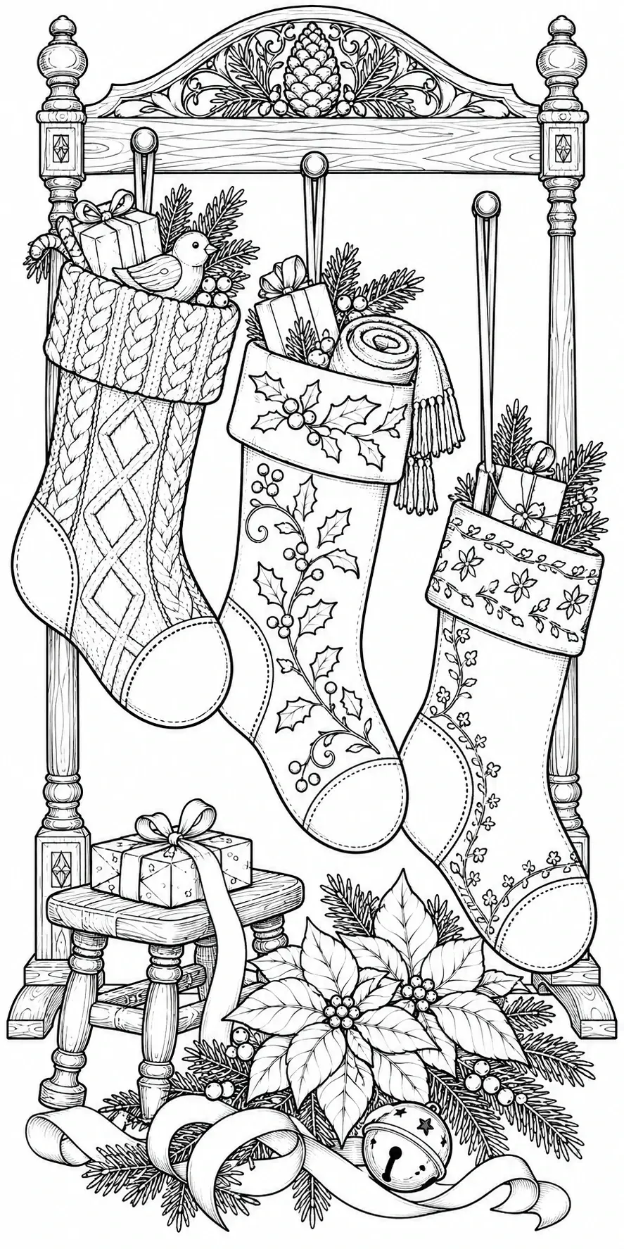 A detailed coloring page shows three patterned Christmas stockings hanging from an ornate wooden frame, with wrapped gifts, holly, a poinsettia, and bells.