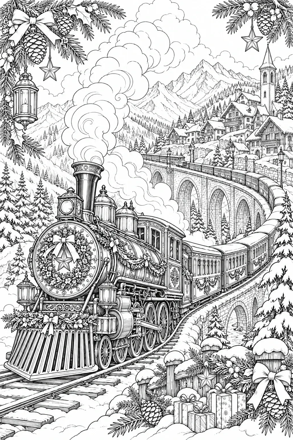 A black-and-white coloring page shows a decorated steam train passing through a snowy mountain village with pine trees and gifts.