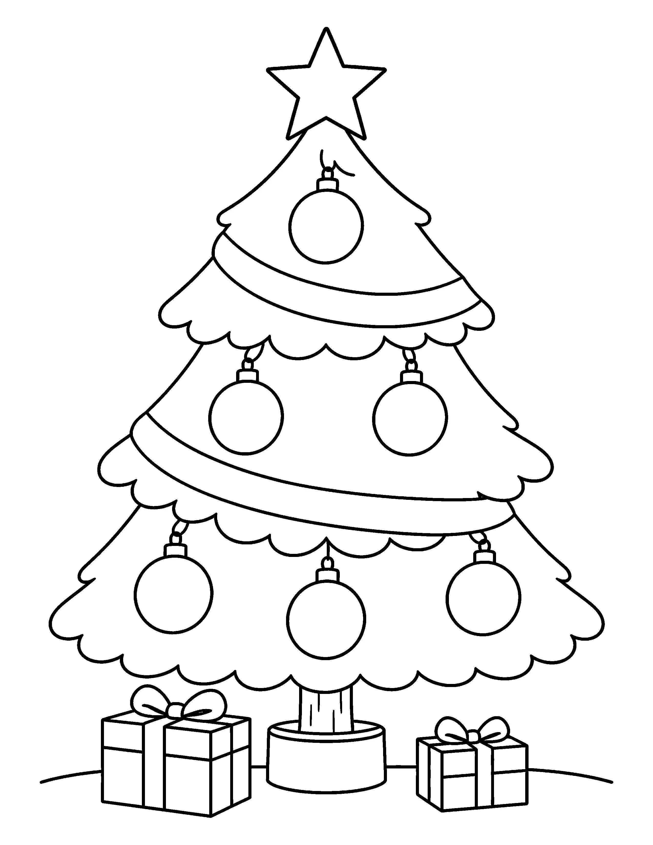 A coloring page shows a decorated Christmas tree with a star topper, six round ornaments, garlands, and two wrapped gifts.