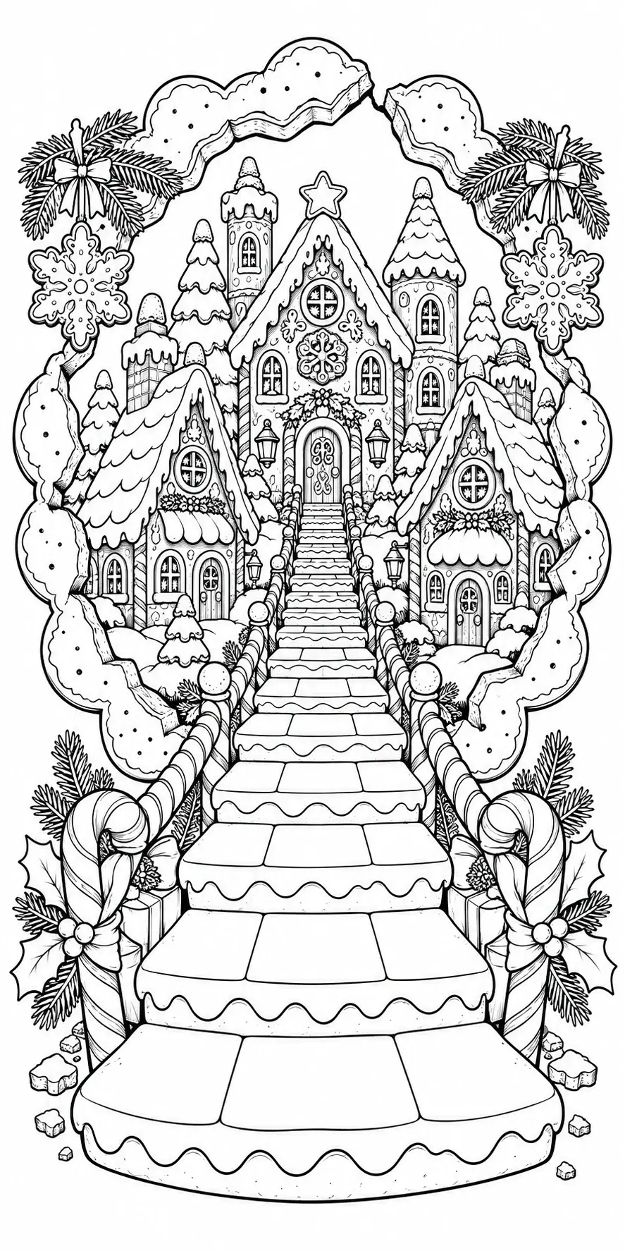 A black-and-white coloring page of a snowy Christmas village with gingerbread-style houses, a stairway path, snowflakes, and candy cane posts.