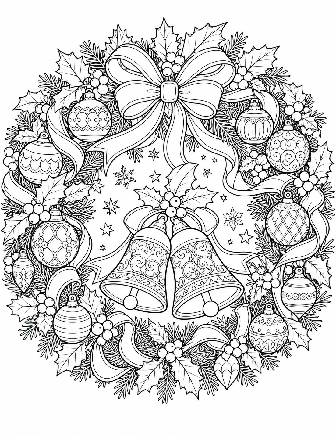 A Christmas wreath coloring page with a big ribbon, bells, ornaments, holly leaves, and pine branches in black-and-white line art.