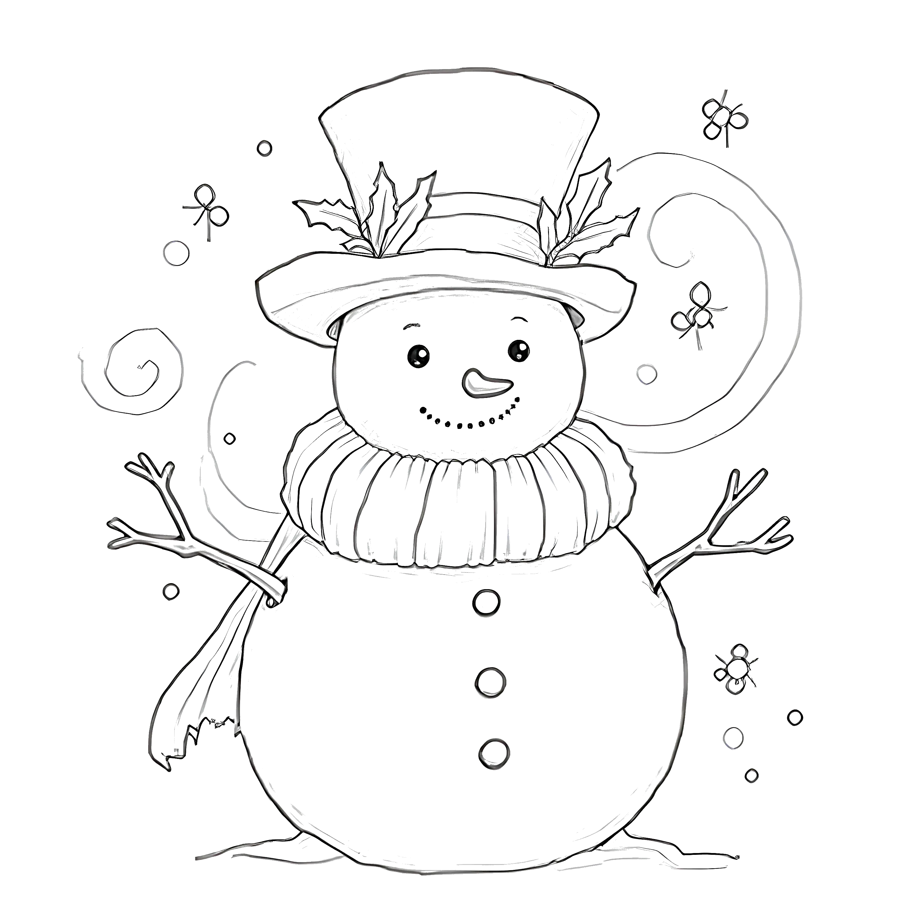 Cute snowman wearing a top hat and scarf with snowflakes around it, printable coloring page