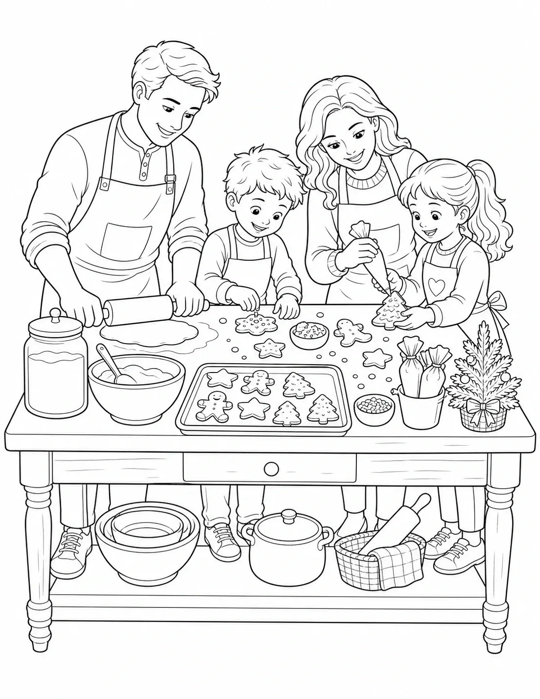 A family decorating Christmas cookies at a kitchen table coloring page.