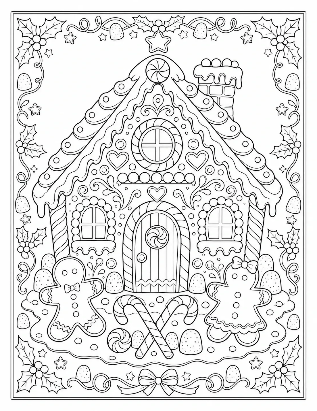 A detailed gingerbread house coloring page with candy canes, holly, stars, and a festive holiday border.