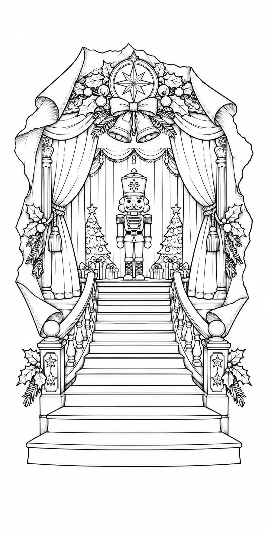 A Christmas coloring page showing a nutcracker standing on a decorated stage with curtains, stairs, gifts, and holiday greenery.