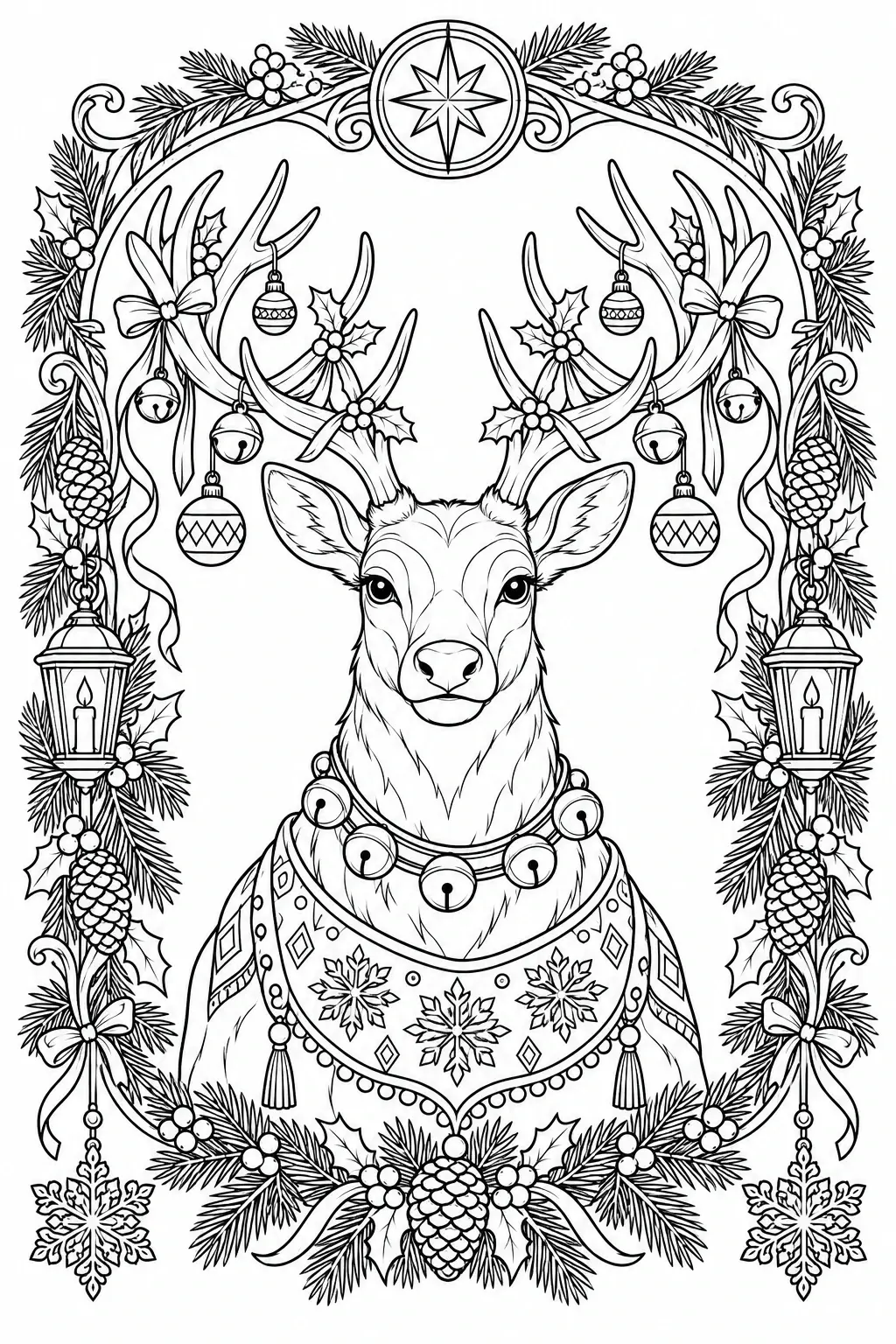 A black-and-white coloring page shows a reindeer bust framed by ornaments, holly, pinecones, bells, and snowflakes.