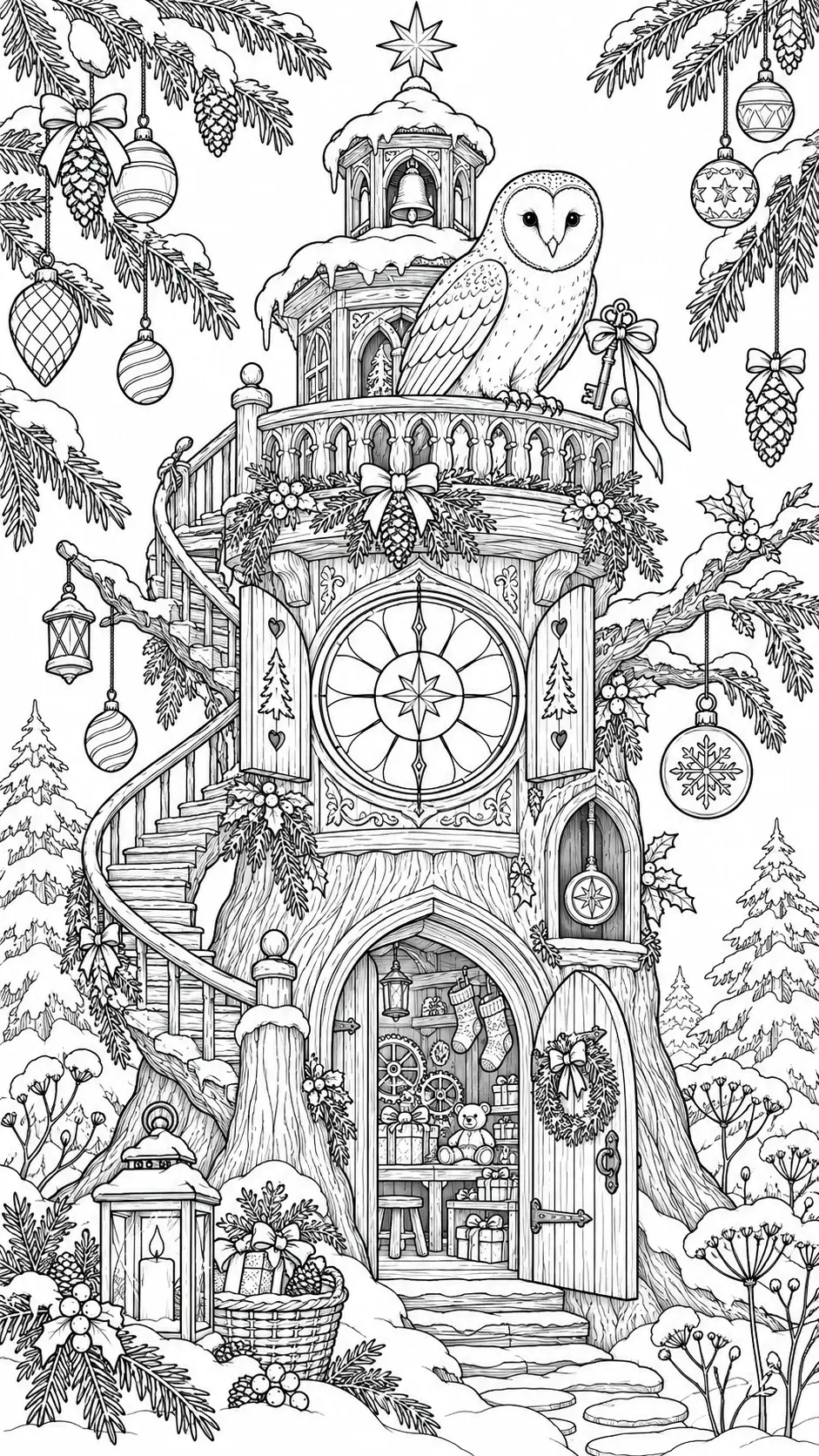 A detailed black-and-white coloring page shows an owl perched on a snowy treehouse surrounded by ornaments, bows, wreaths, stockings, and presents.