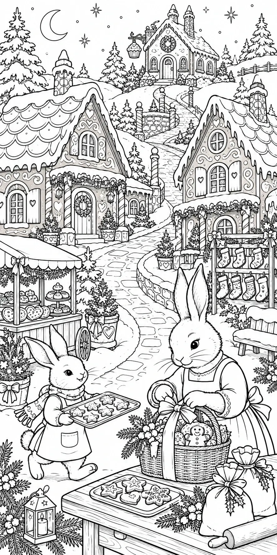 A detailed coloring page shows two rabbits baking cookies beside a basket, with decorated cottages, stockings, and snow-covered evergreens in the background.