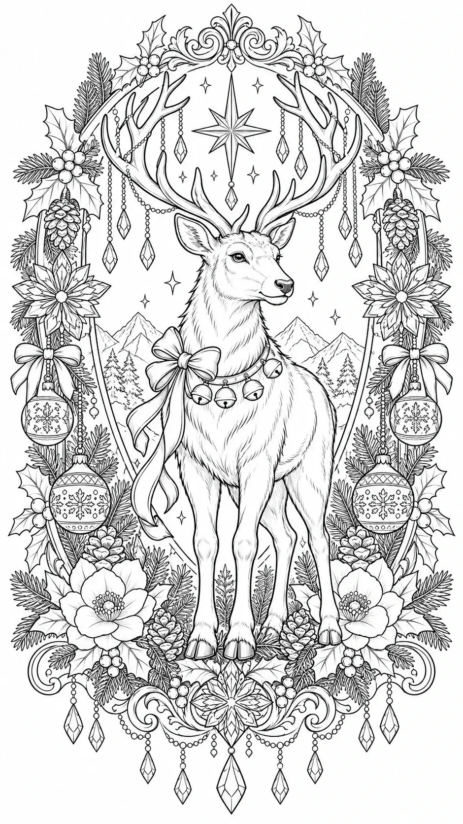 A reindeer coloring page with ornaments, holly, pinecones, bells, and a decorative floral frame in black-and-white.