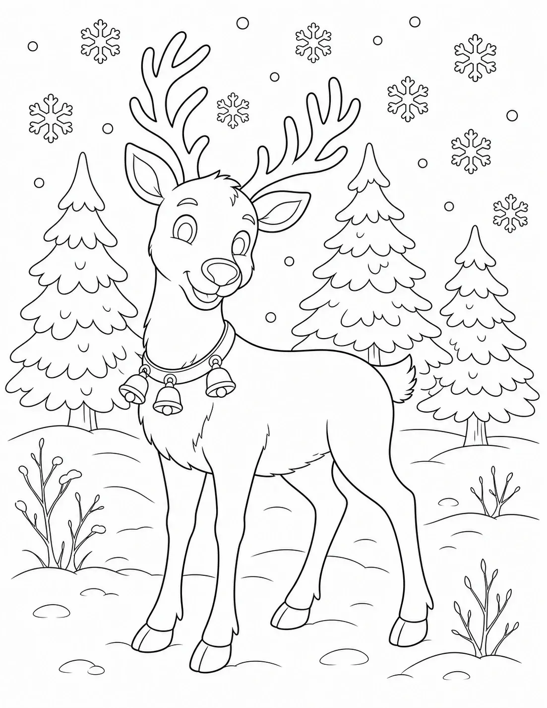 A smiling reindeer with bells stands in a snowy forest coloring page with pine trees and snowflakes.