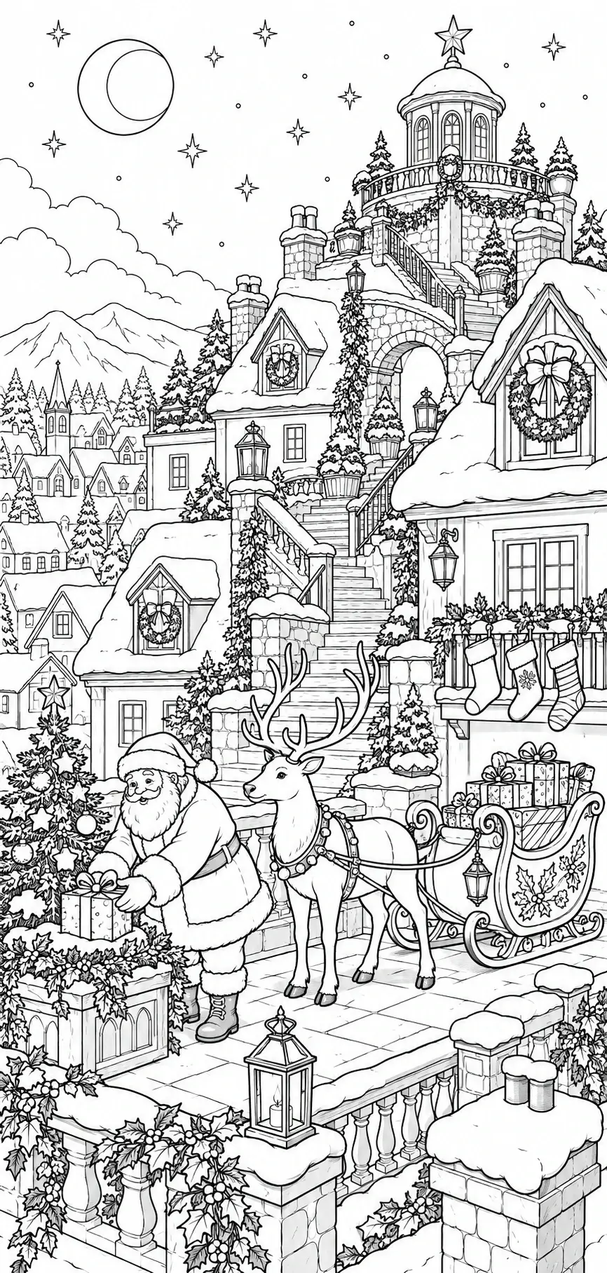 A detailed coloring page shows Santa Claus beside a harnessed reindeer and decorated sleigh in a snowy village with Christmas trees and wreaths.