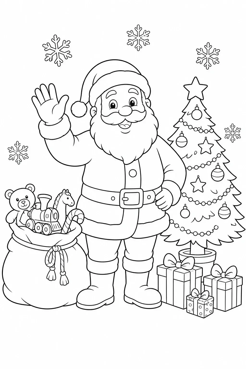Santa Claus waves beside a decorated Christmas tree, gift boxes, a toy sack, and snowflakes in this coloring page.