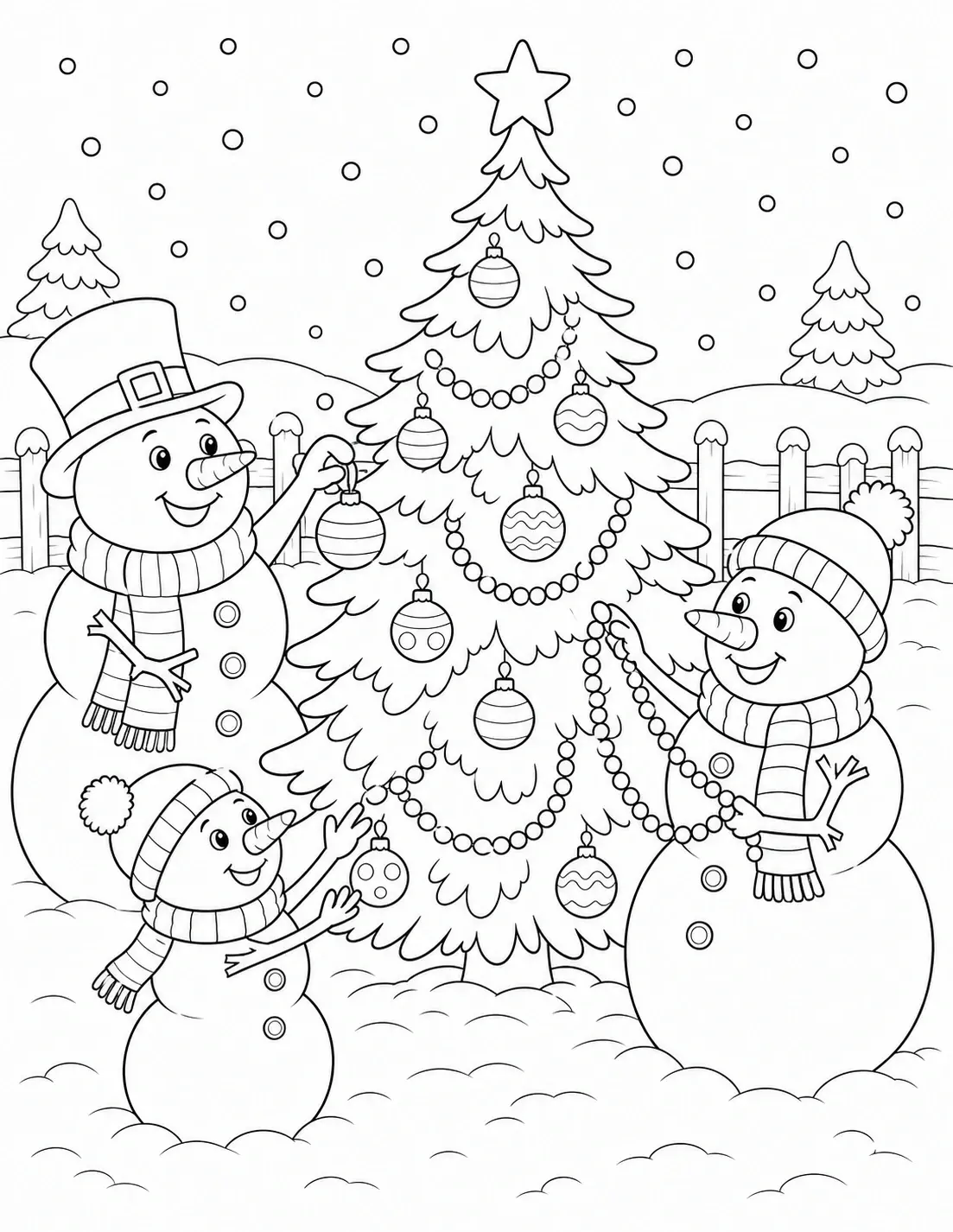 A snowman family decorating a Christmas tree coloring page with ornaments, garlands, and falling snow in black-and-white line art.
