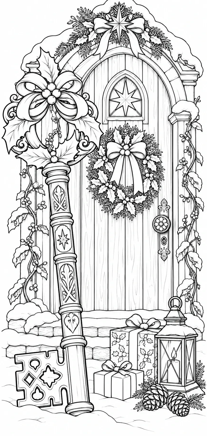 A detailed coloring page shows a wooden doorway decorated with wreaths, bows, holly, wrapped gifts, snow, and a lantern.
