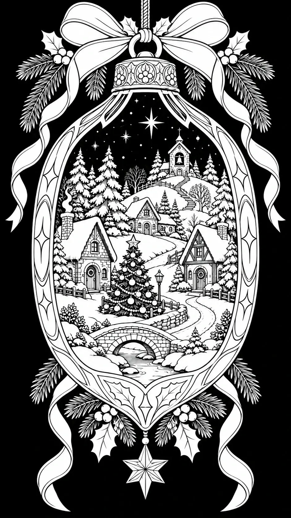 A detailed coloring page shows a snowy Christmas village with cottages, pine trees, a decorated Christmas tree, and a small church inside an ornate hanging ornament.