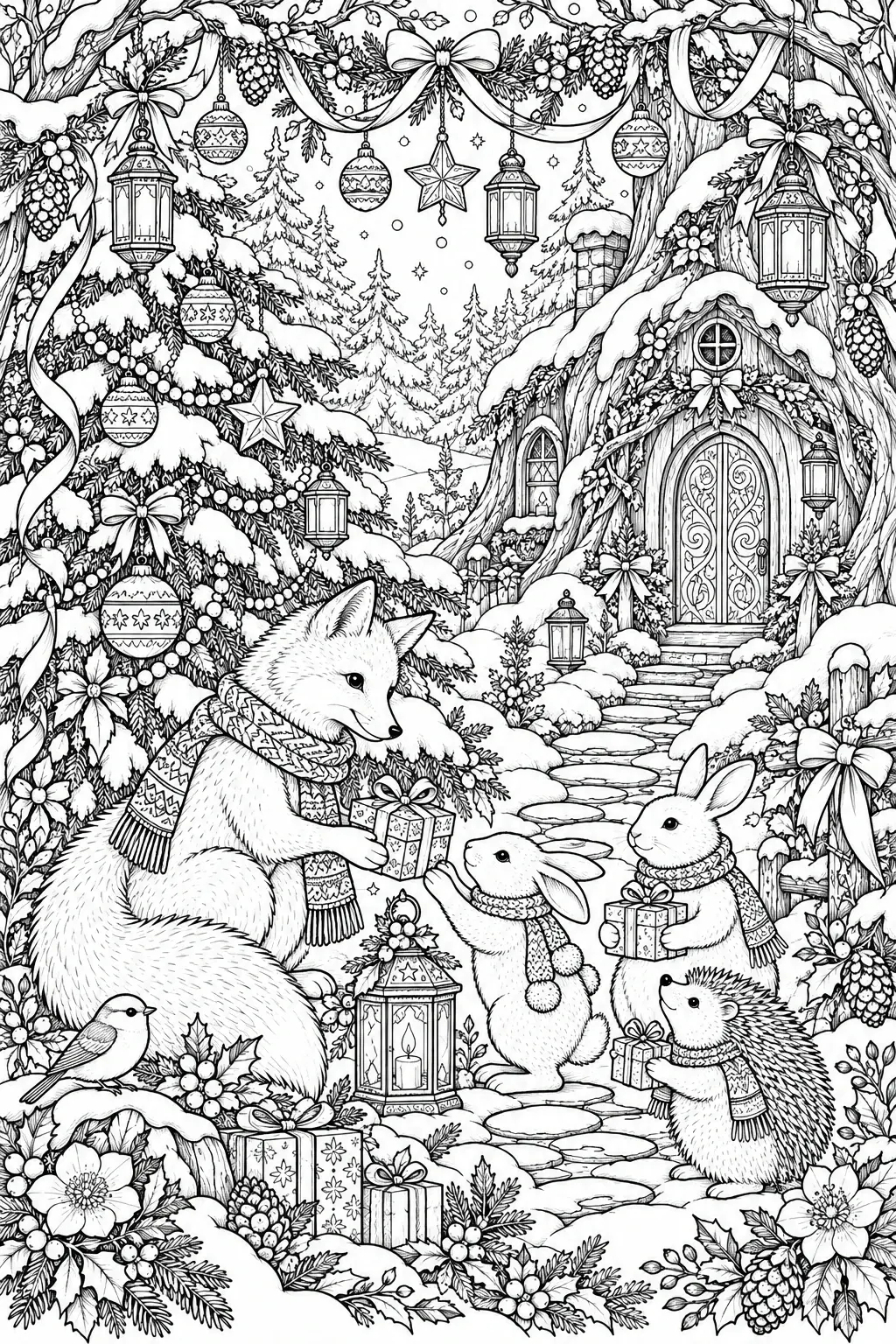 A black-and-white coloring page shows a snowy Christmas woodland scene with a fox, rabbits, a hedgehog, a bird, lanterns, and wrapped gifts.