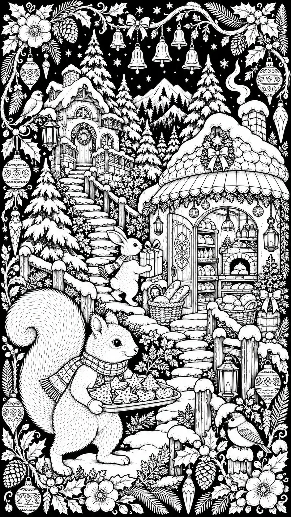 A black-and-white coloring page of a squirrel carrying a tray of cookies in a snowy Christmas woodland scene with a bakery cabin, bells, and ornaments.