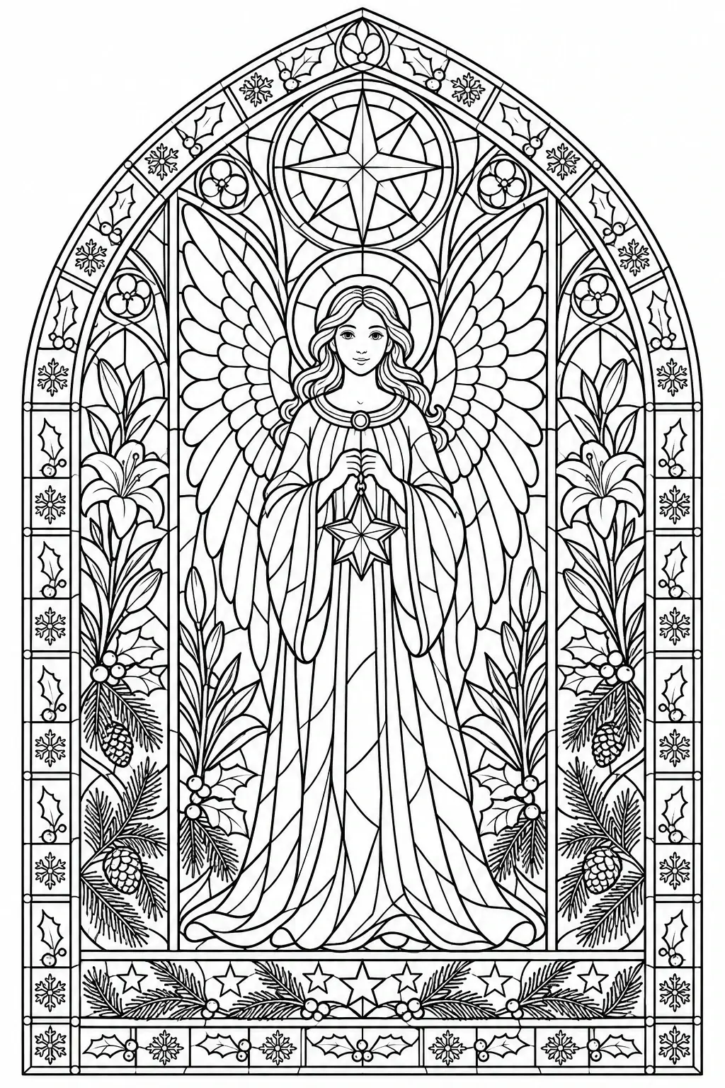 A black-and-white coloring page shows an angel with large wings inside a stained glass window frame with stars, holly, and pine cones.