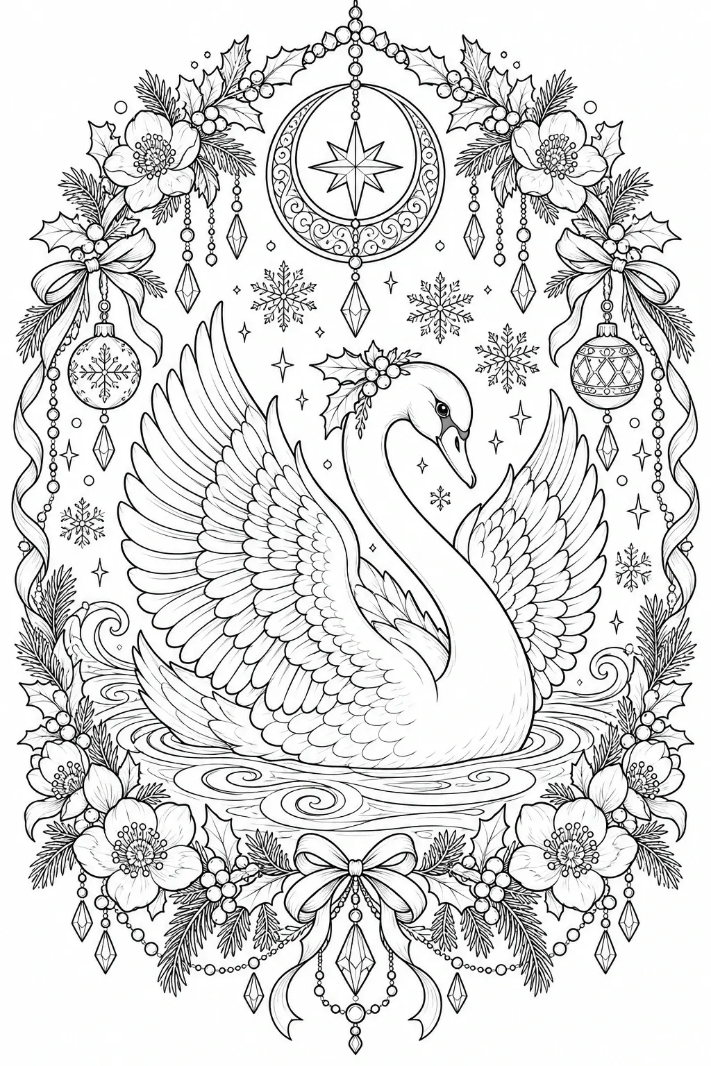 A black-and-white coloring page of a swan with spread wings, framed by Christmas ornaments, flowers, ribbons, and snowflakes.