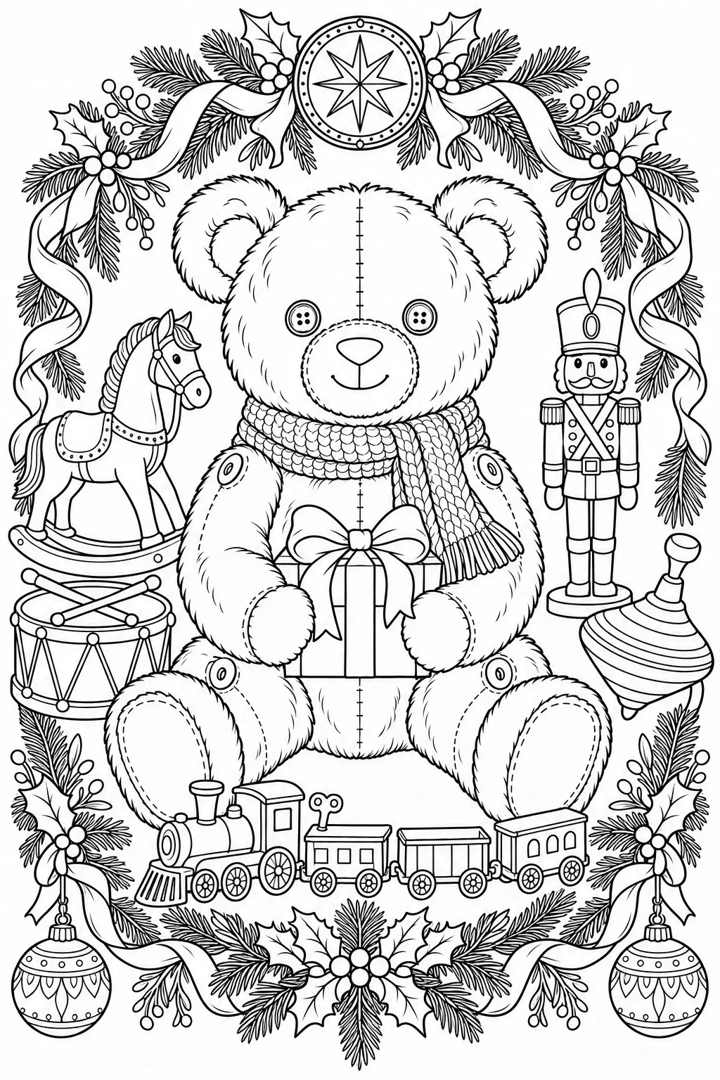 A teddy bear holding a gift sits inside a decorative black-and-white holiday frame with ornaments, toys, and pine branches as a coloring page.