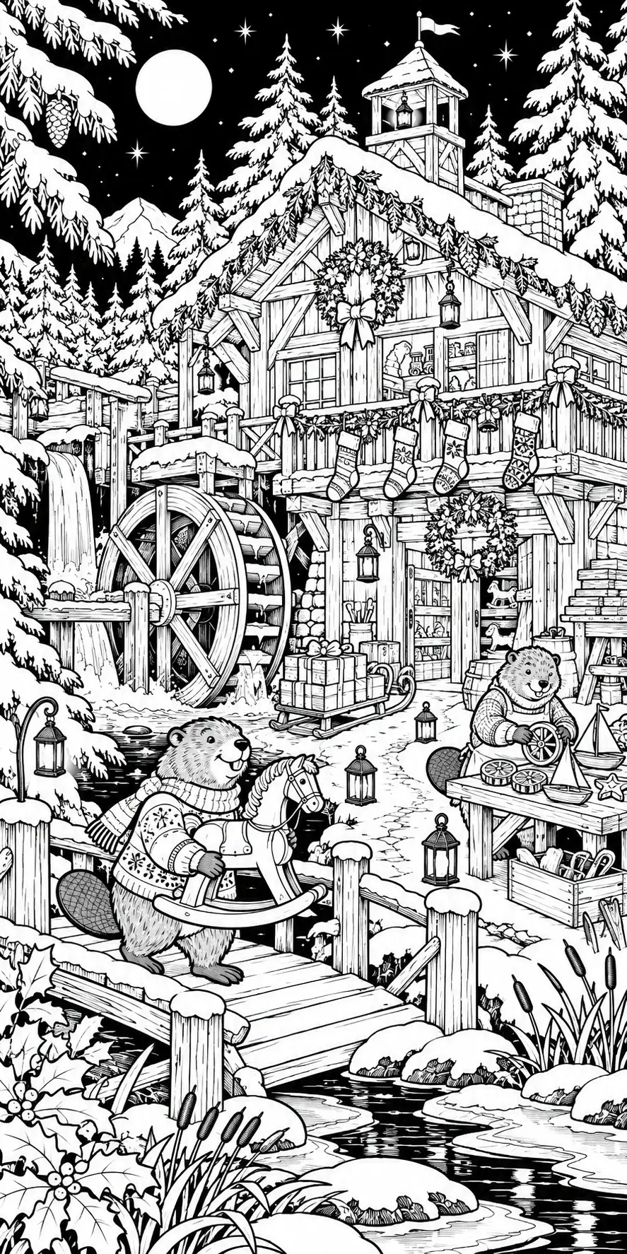 A detailed coloring page shows two beavers in a snowy village beside a decorated workshop with stockings, wreaths, gifts, and pine trees.