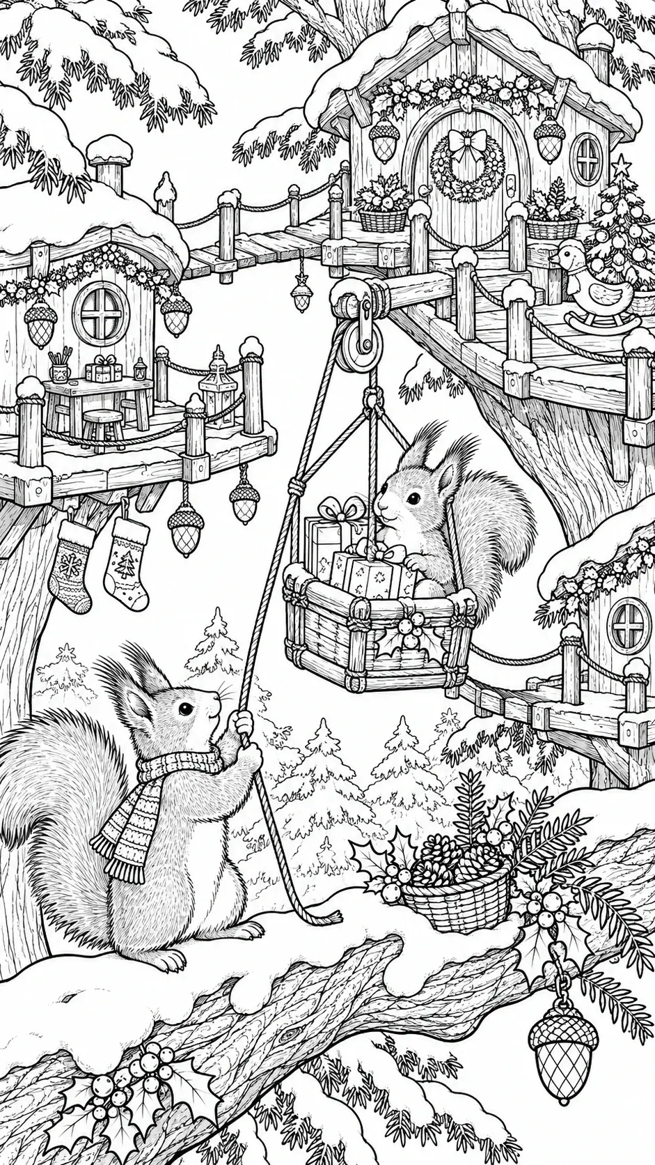 A detailed coloring page shows two squirrels among snowy treehouses, with wrapped gifts, a wreath, stockings, and evergreen branches.