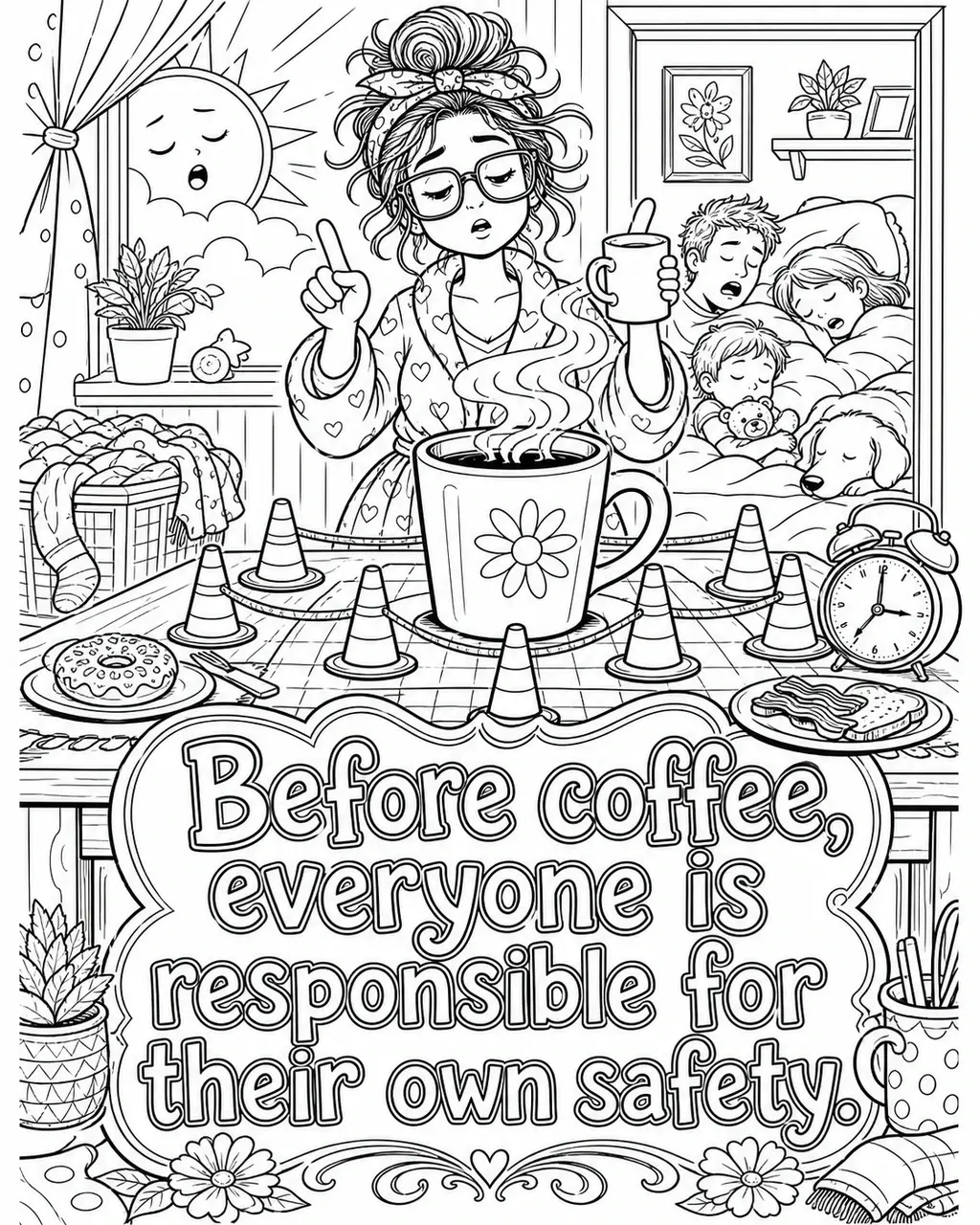 Black and white printable adult coloring page with the hand-lettered phrase Before coffee, everyone is responsible for their own safety. Features oversized coffee mug, sleepy sun, caution cones.