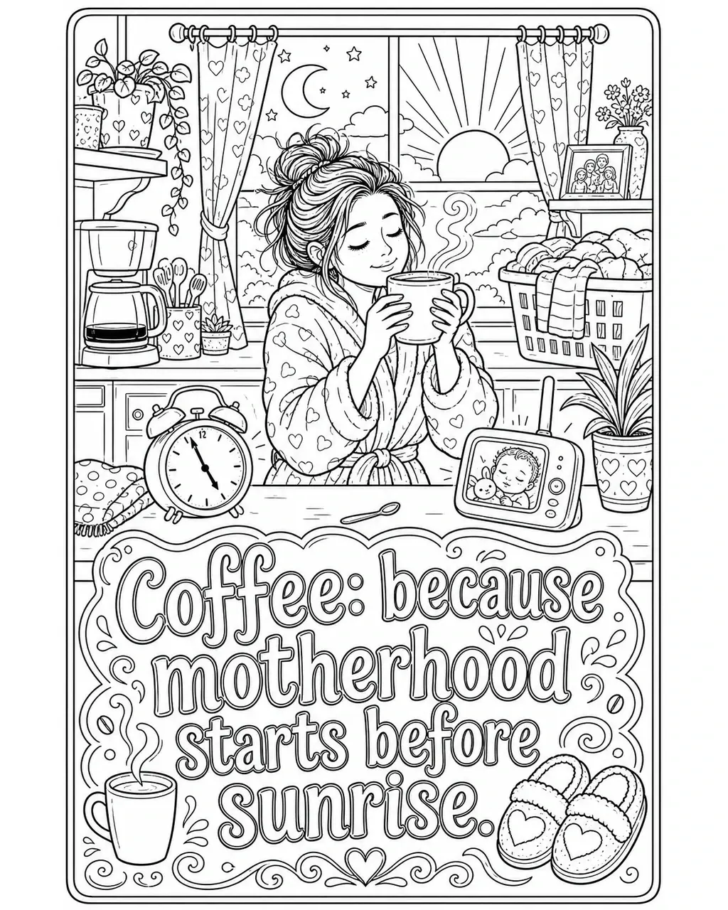 Black and white printable adult coloring page with the hand-lettered phrase Coffee: because motherhood starts before sunrise. Features Steaming coffee mug, sunrise window, baby monitor, slippers
