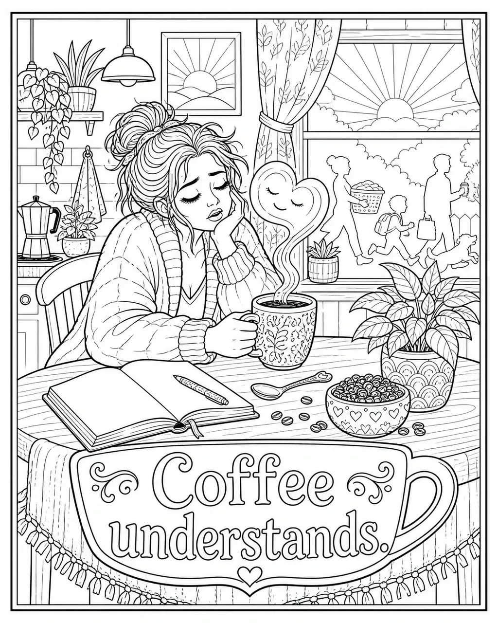 Black and white printable adult coloring page with the hand-lettered phrase Coffee understands. Features steaming coffee mug, sunrise window, quiet kitchen corner.