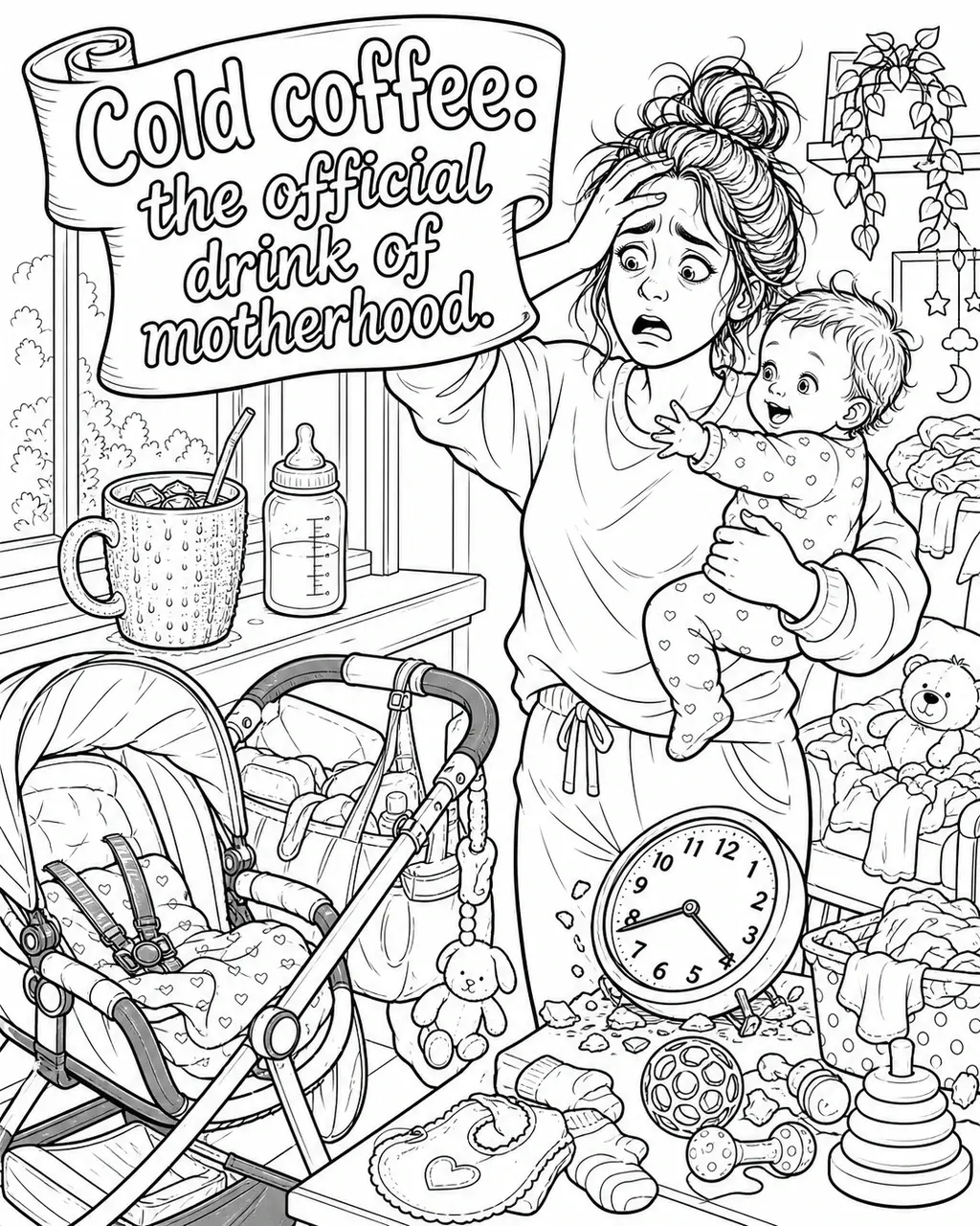 Black and white printable adult coloring page with the hand-lettered phrase Cold coffee: the official drink of motherhood. Features condensation-covered cold mug, forgotten coffee on windowsill, baby