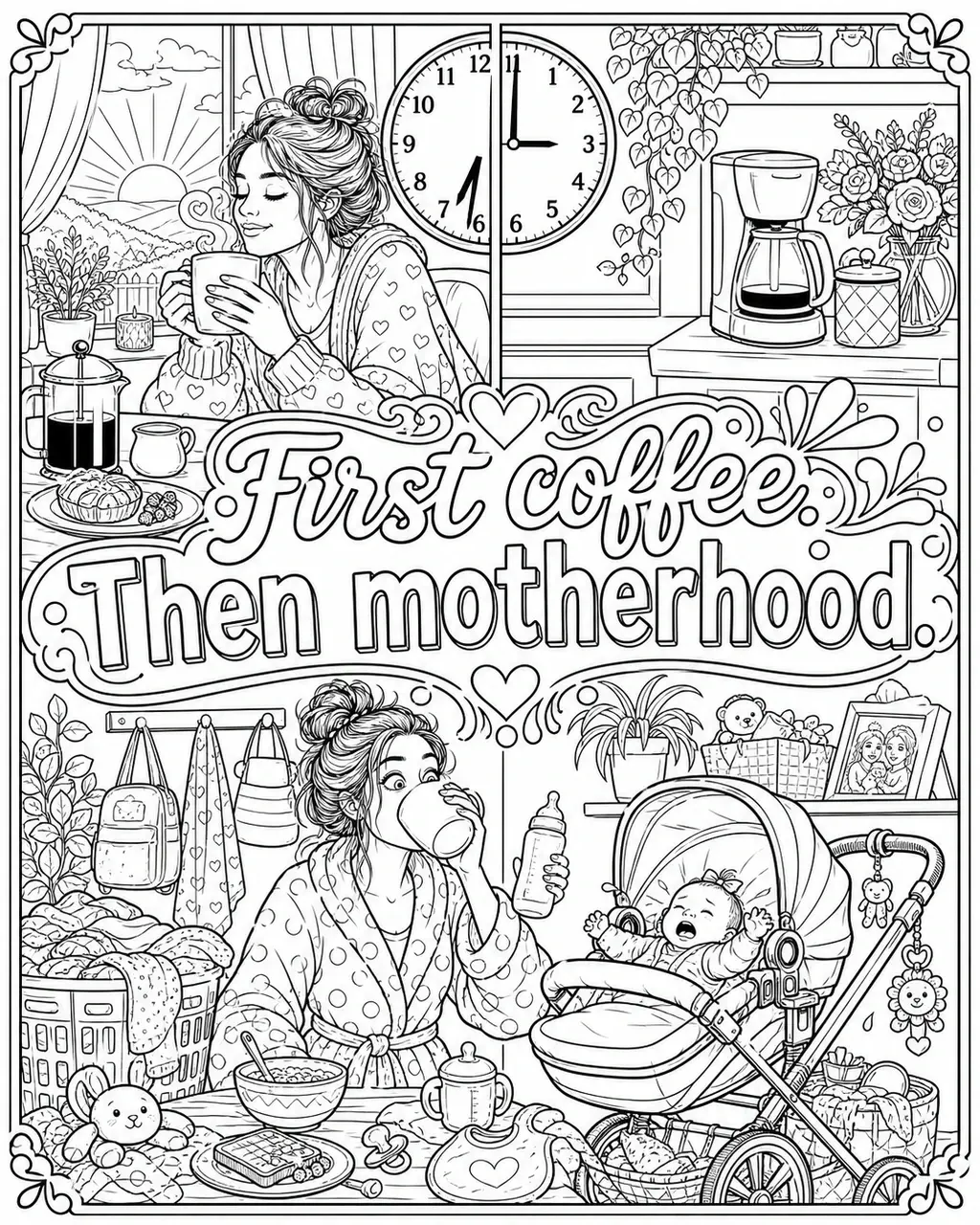 Black and white printable adult coloring page with the hand-lettered phrase First coffee. Then motherhood. Features steaming mug, sunrise window, baby bottle.