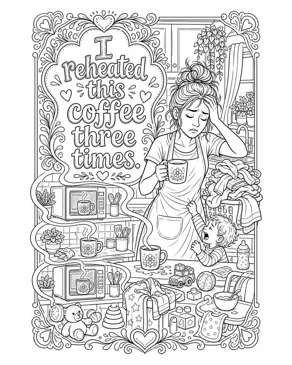 Black and white printable adult coloring page with the hand-lettered phrase I reheated this coffee three times. Features coffee mug, microwave timer, three steam curls.
