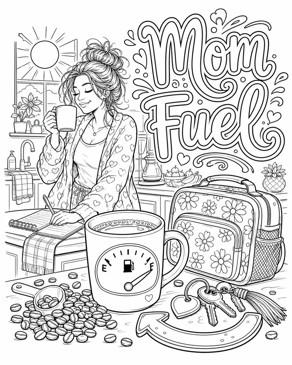 Black and white printable adult coloring page with the hand-lettered phrase Mom Fuel. Features fuel gauge mug, coffee beans, refill arrow.