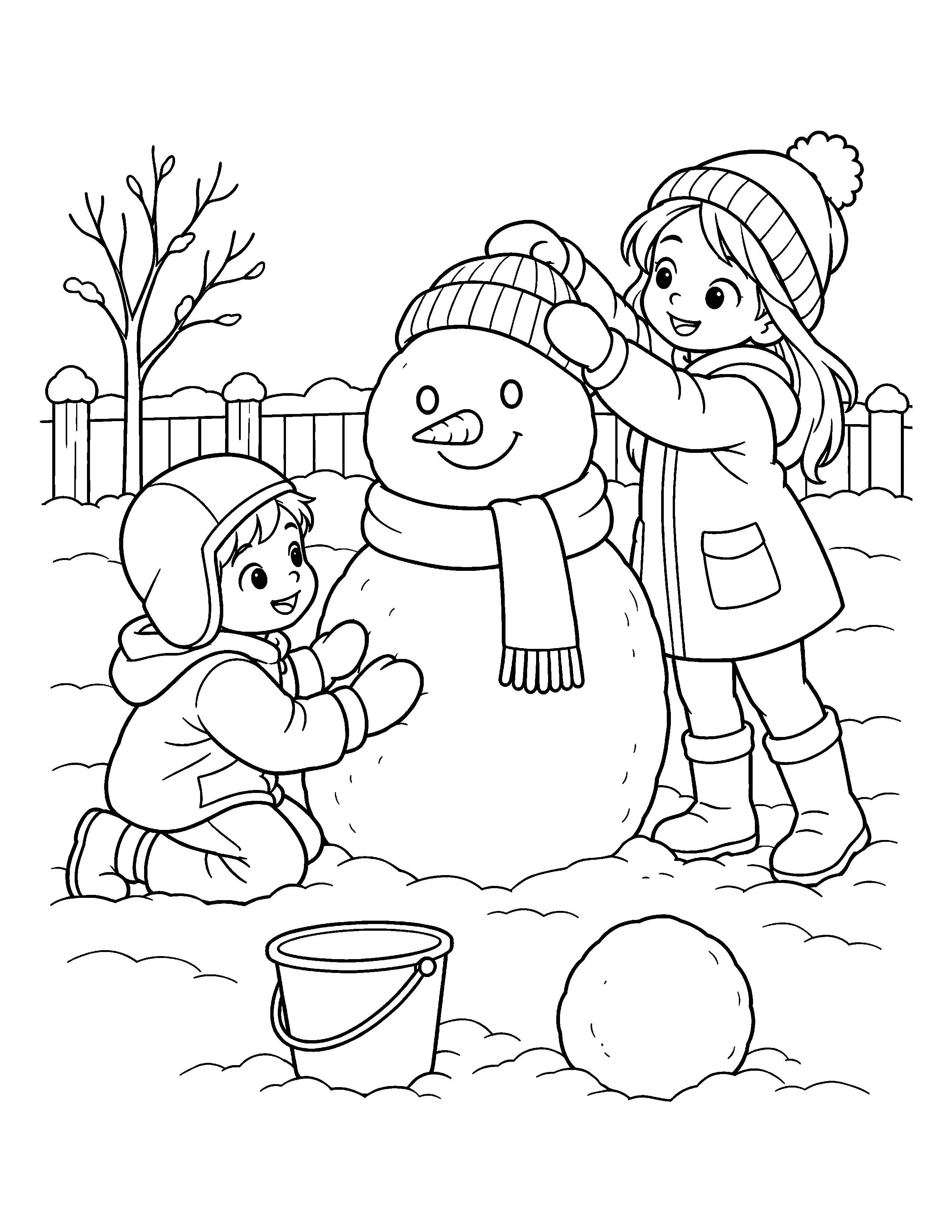 This coloring page shows two bundled children adding a hat and scarf to a smiling snowman in a snowy yard.